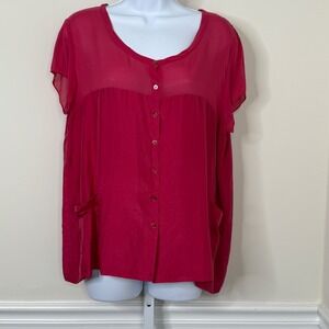 Eileen Fisher Women's Silk Blend Sheer Panel Button Front Blouse Top Pink Size M